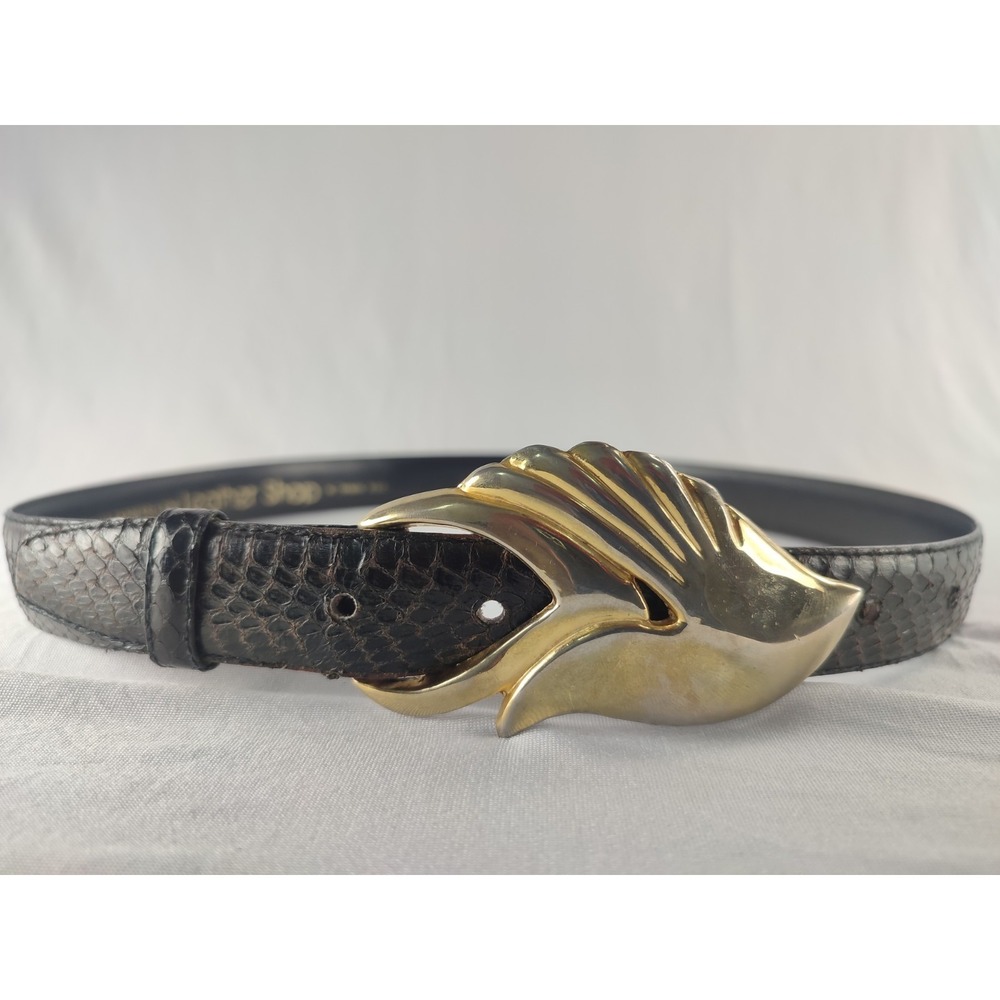 VTG Leather Shop Genuine Snakeskin Belt M 28-33 Black Gold Wave Sculptural 80s